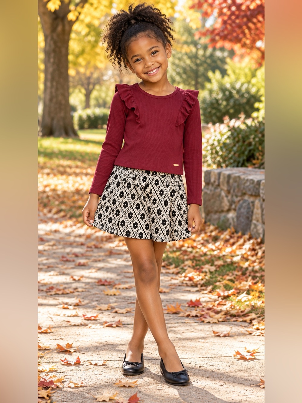 Tahari Burgundy Ruffled Long-Sleeve Top with Black & Cream Skater Skirt